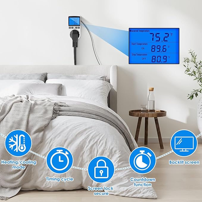 Digital Temperature Controller, 1800W 15A/120V Safe Thermostat Timer Outlet - Image 5