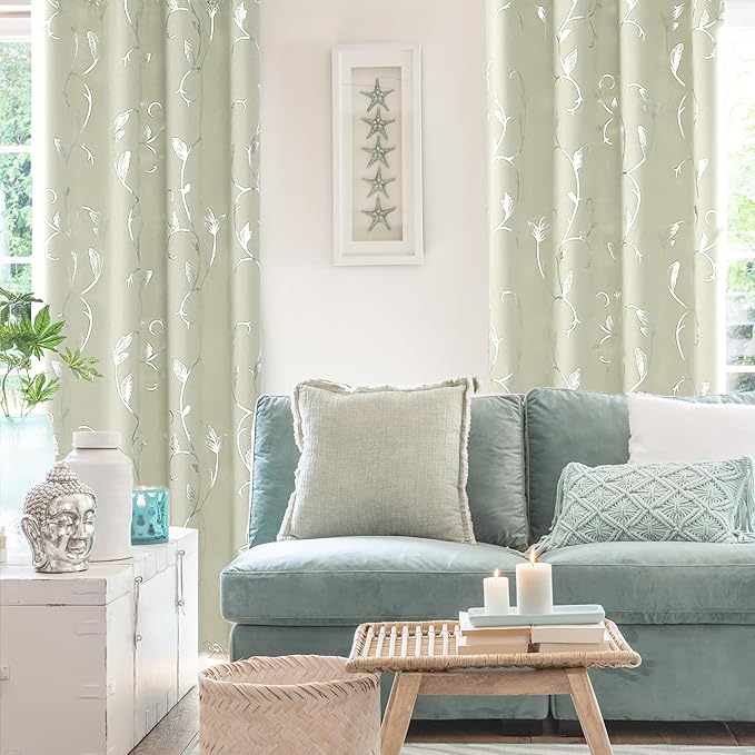 BUHUA Blackout Curtains Silver Foil Print Flower Vine Grommet Drapes, Room - Image 3