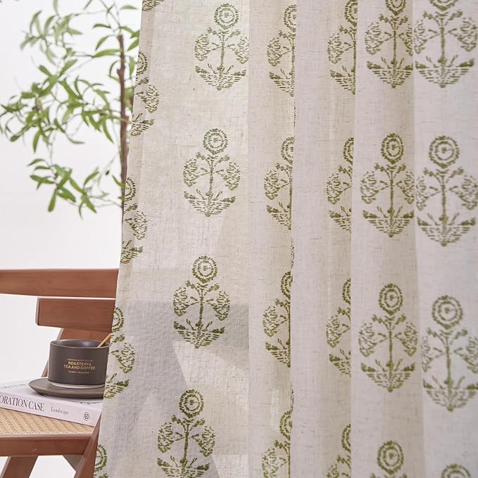 jinchan Linen Floral Curtains for Living Room 63 Inch Length Green Flower - Image 3