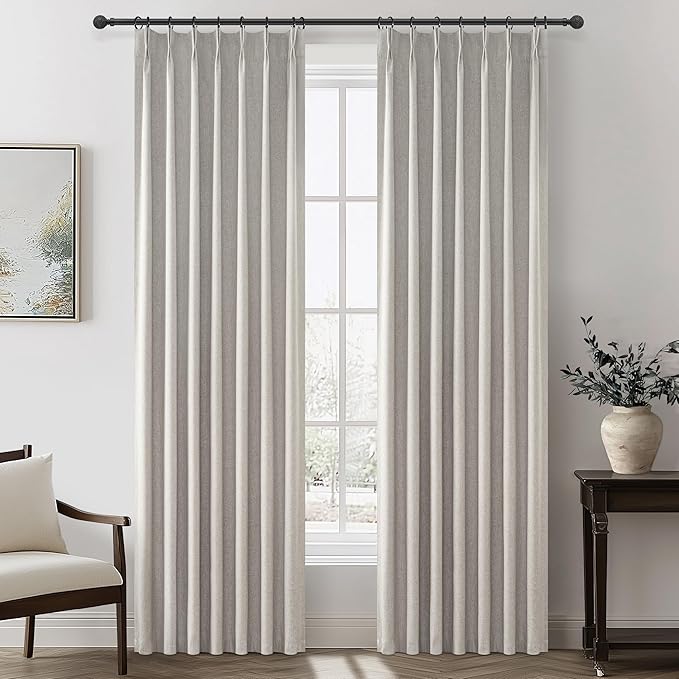 Grey Beige Viral Thick Linen Blackout Curtains 90 Inches Long by QJMYDECO