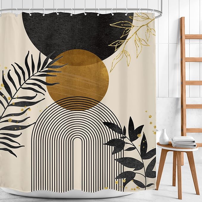 Black Boho Shower Curtain 60Wx72H Modern Bohemian Abstract Brown Tan Mid - Image 2