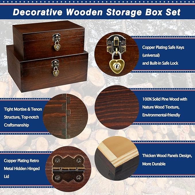 Wood Keepsake Boxes with Lock and Keys Handcrafted Decorative Wooden Storage - Image 4