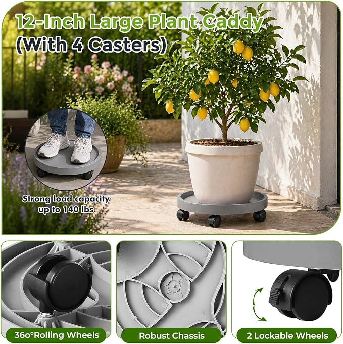 4 Packs Plant Caddy with Wheels 12" Plant Stand Potted Plant Mover Heavy Duty - Image 4