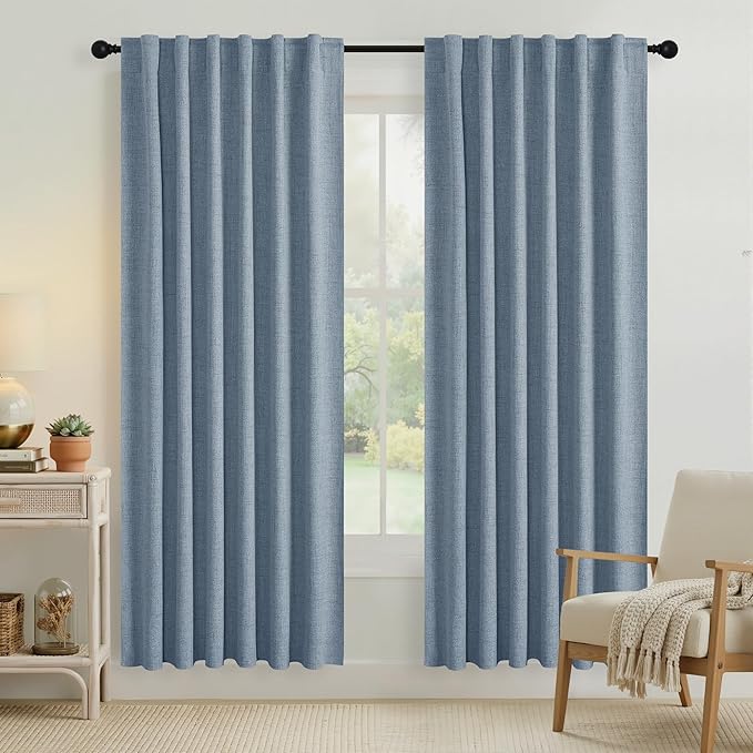 RYB HOME Smoky Blue 100% Blackout Linen Curtains 72 inch Long, Thermal by RYBHOME