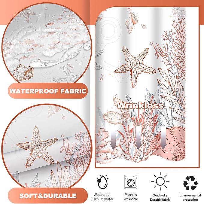 No Hook Shower Curtain with Snap in Liner, Beach Ocean Nautical Coastal Shower - Image 3