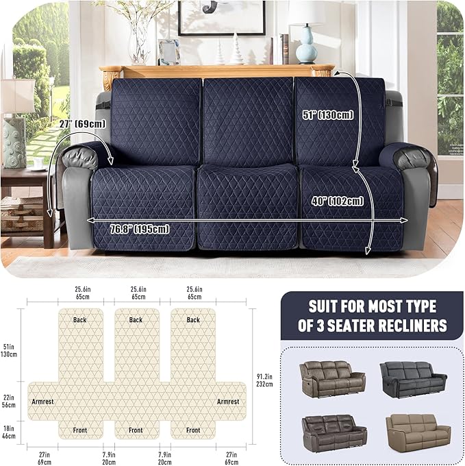 TAOCOCO 100% Waterproof Recliner Cover, Non-Slip Washable Reclining Couch Cover - Image 3