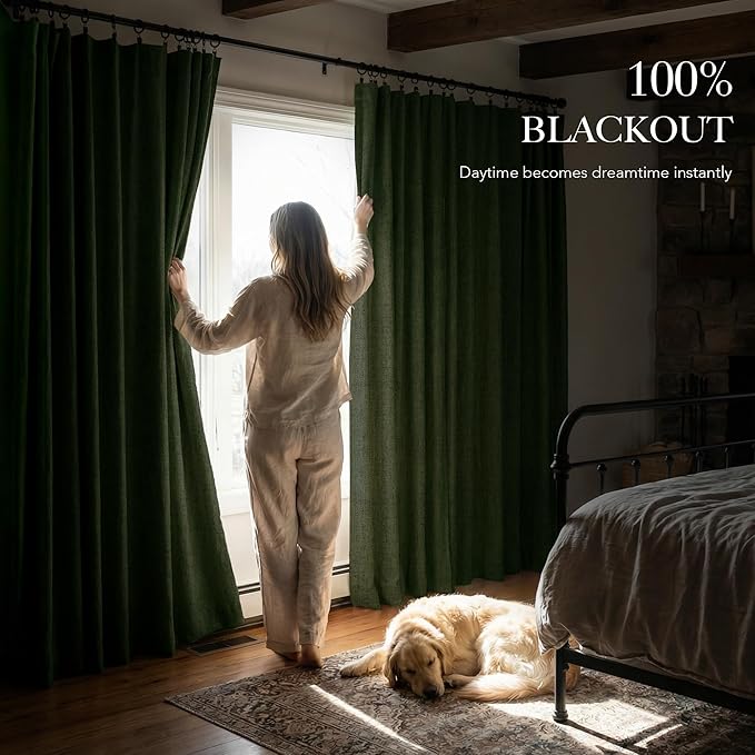 RYB HOME Olive Green 100% Blackout Linen Curtains 96 inches Long, Luxury - Image 3