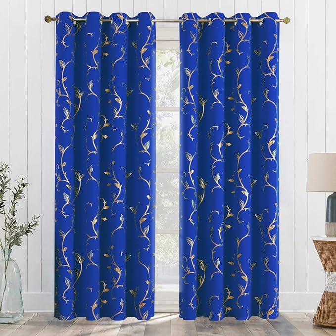 BUHUA Blackout Curtains Gold Foil Print Flower Vine Grommet Drapes, Room - Image 8