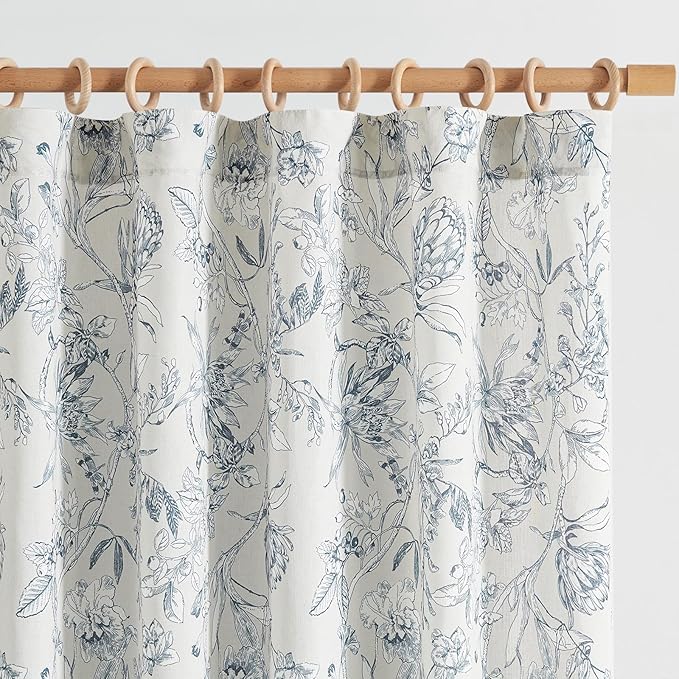 jinchan Floral Curtains 96 Inches Long Blue Flower Linen Farmhouse Curtain by JINCHAN