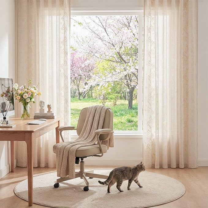 jinchan Evelyn Embroidered Linen Curtains Ivory Farmhouse Floral Window Drapes - Image 5