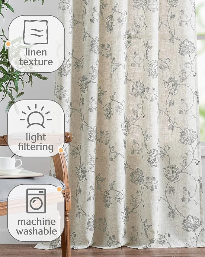 jinchan Linen Curtains Floral Curtains 63 Inch Length - Image 4