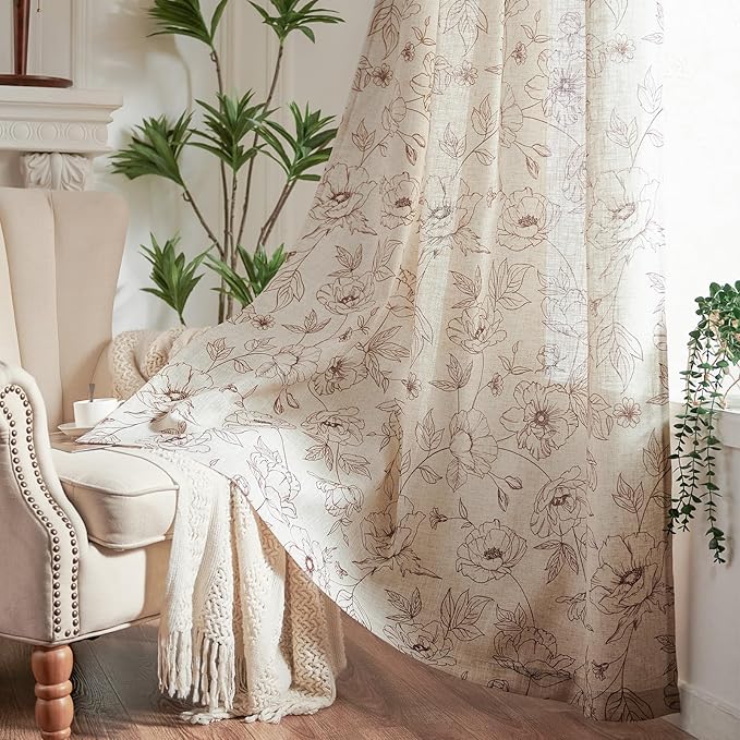 jinchan Floral Linen Curtains for Living Room 84 Inch Length Brown Flower - Image 7