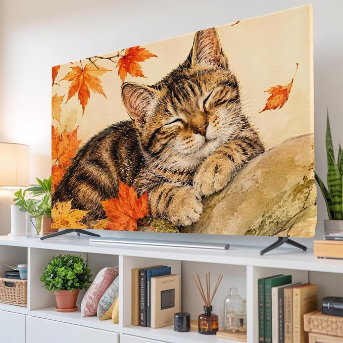 Thanksgiving Cute Tabby Cat Indoor TV Cover, Elastic TV Screen Protector Retro by Unknown