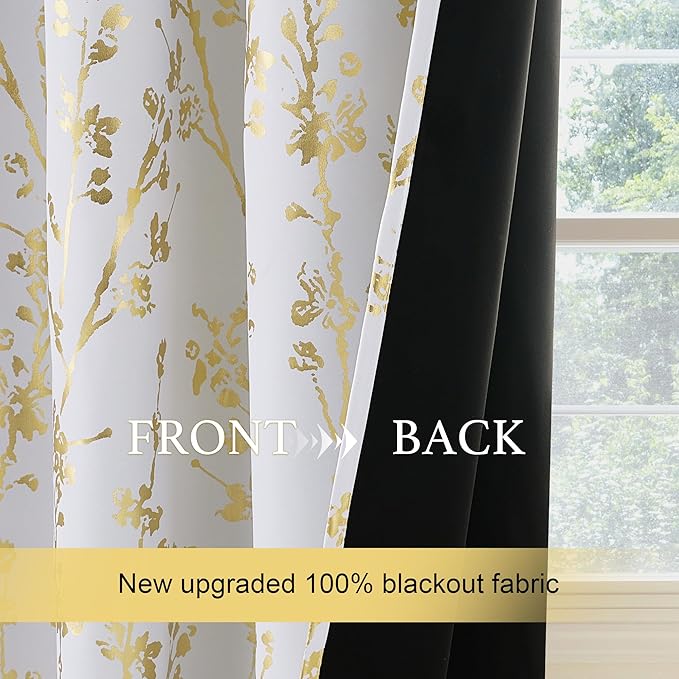 NICETOWN 100% Blackout White Curtains 63 inch Long, Grommet Branch Pattern Gold - Image 6
