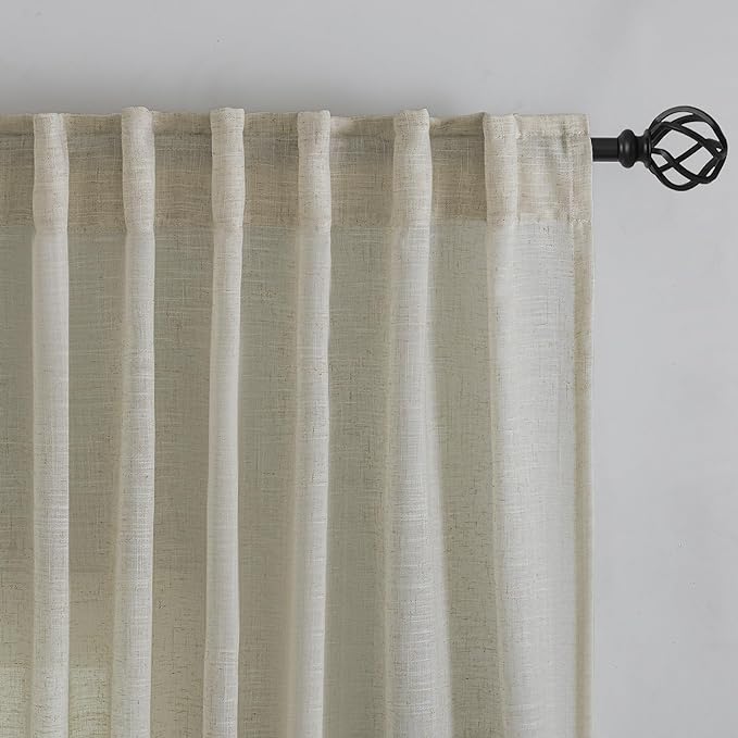 Tan Beige Burlap Linen Back Tab Curtains 84 Inch Length - Image 7