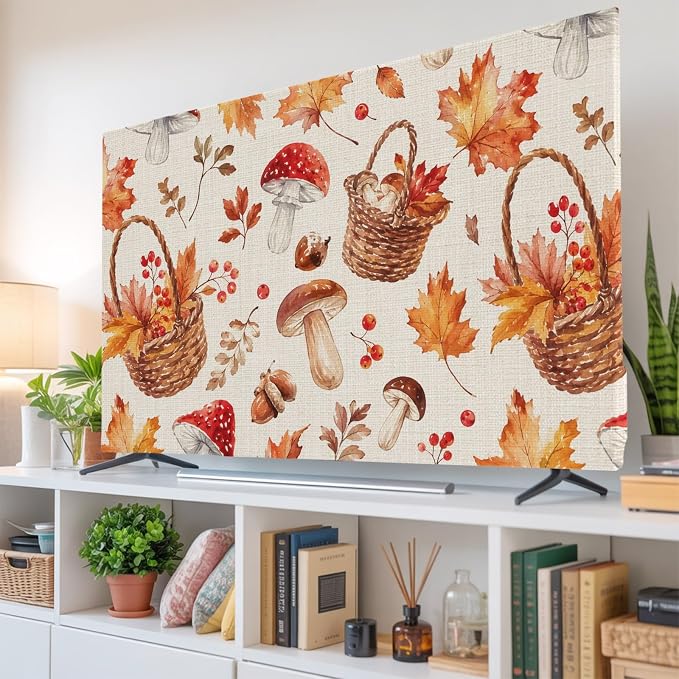 Watercolor Maple Leaves Mushroom Indoor TV Cover, Elastic TV Screen Protector by Unknown