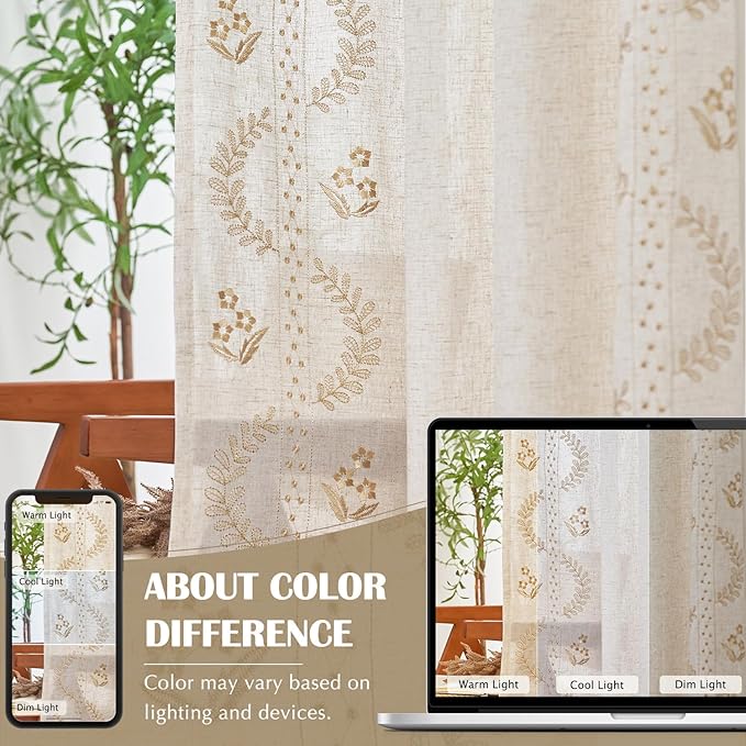 jinchan Belrose Linen Curtains for Bedroom Floral Curtains 96 Inch Length Linen - Image 8