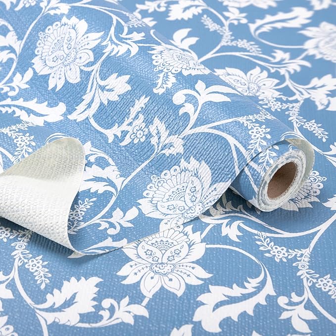RAY STAR Shelf Liner, Non Adhesive Blue Floral Kitchen Cabinet Liner by RAYSTAR