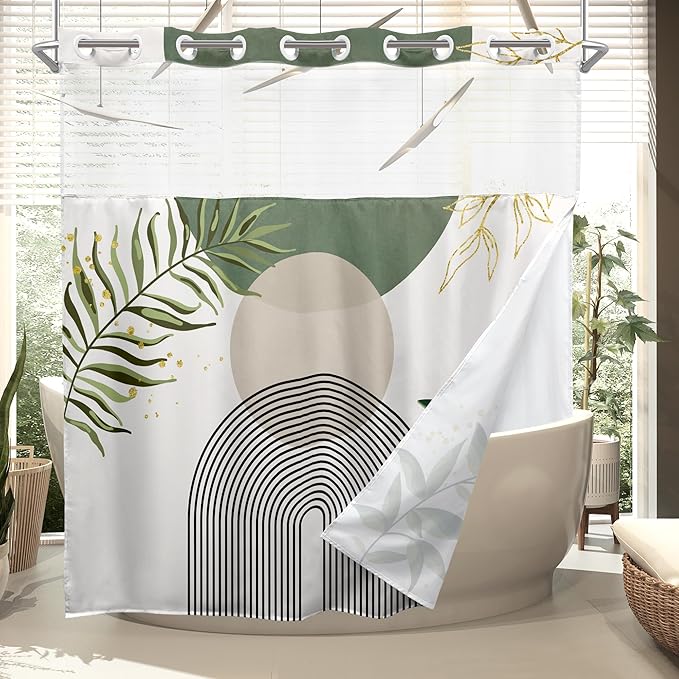 Sage Green Boho No Hooks Shower Curtain by MitpokBrand