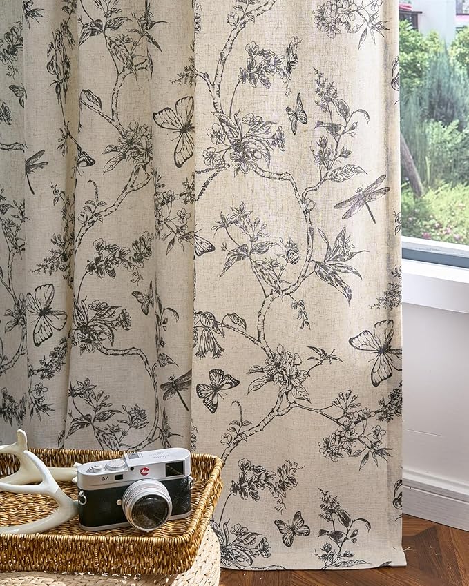 jinchan Floral Linen Curtains for Living Room 96 Inch Length Butterfly Curtain - Image 5
