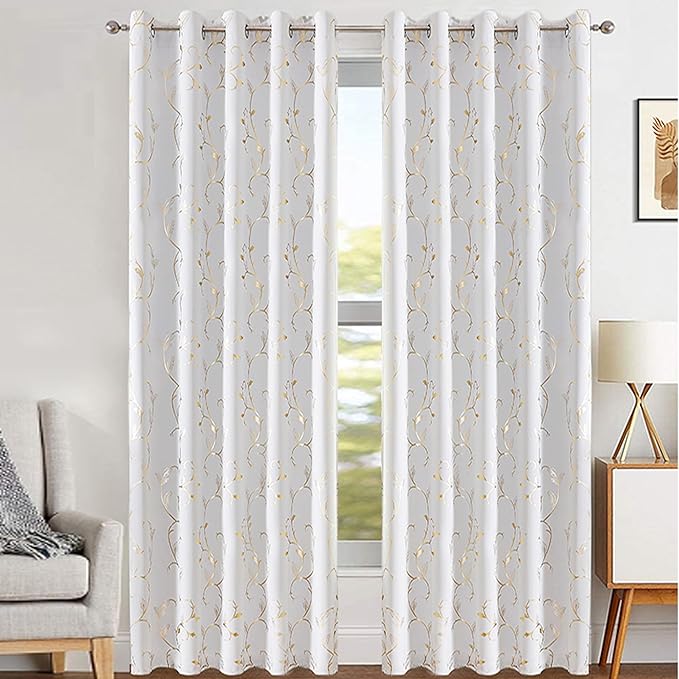 BUHUA Blackout Curtains Gold Foil Print Flower Vine Grommet Drapes, Room - Image 2