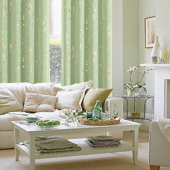 BUHUA Blackout Curtains Gold Foil Print Flower Vine Grommet Drapes, Room - Image 3