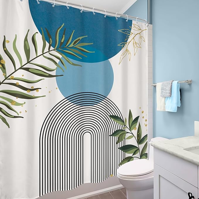 Blue Boho Modern Shower Curtain Mid Century Abstract Gold Green Leaves Sun Arch - Image 4
