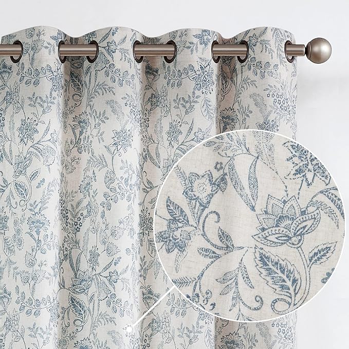 Vangao Blue Floral Linen Curtains by Vangao