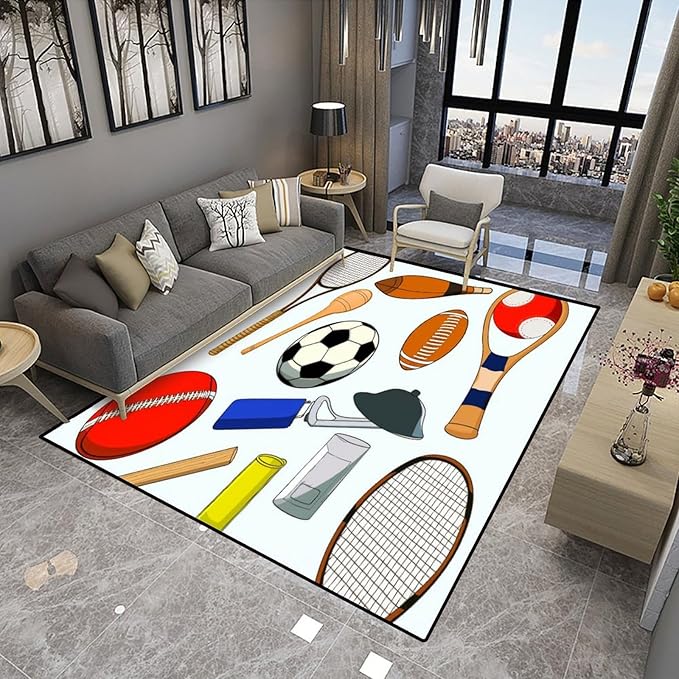 Area Rug, Sports Equipment Pattern Printing Lightweight Area Rugs Fade Resistant - Image 4