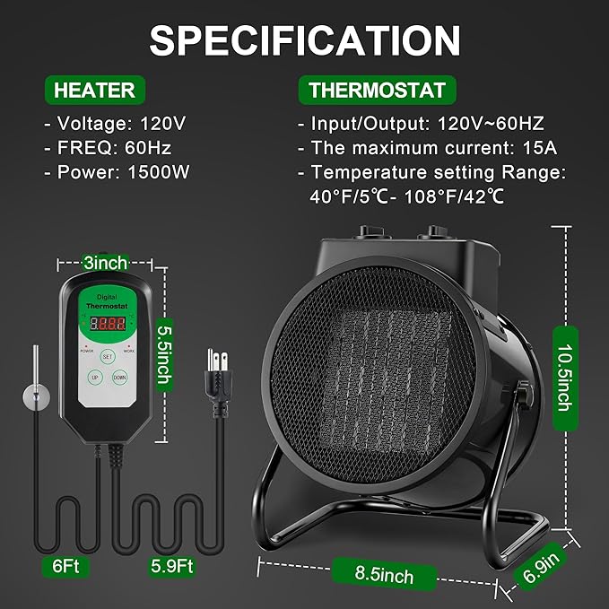 Greenhouse Heater with Thermostat & Hygrometer, 1500W/750W/24W Plant Heater Fan - Image 7