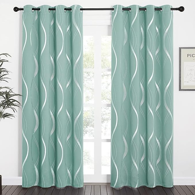 NICETOWN Aqua Blue Floral Blackout Curtain Panels 84 inches 2 Pieces, 52 inches - Image 2