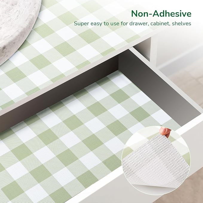 Practical Gingham Green Shelf Liner, Non-Adhesive Drawer Liner Non-Slip Cabinet - Image 3