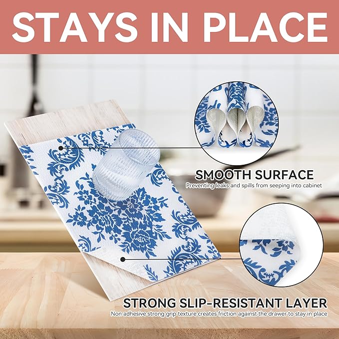 RAY STAR Shelf Liner, Non Adhesive Vintage Navy Blue Floral Kitchen Cabinet - Image 3
