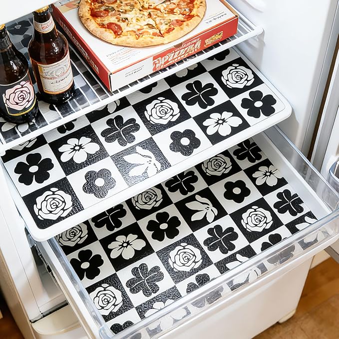 Shelf Liners Non Adhesive Black & White Checkerboard Floral - Image 6