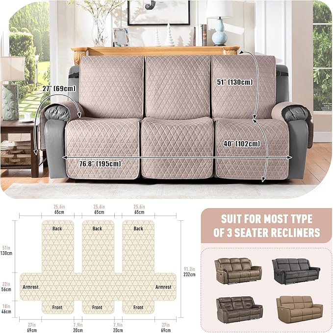 TAOCOCO 100% Waterproof Recliner Cover, Non-Slip Washable Reclining Couch Cover - Image 3