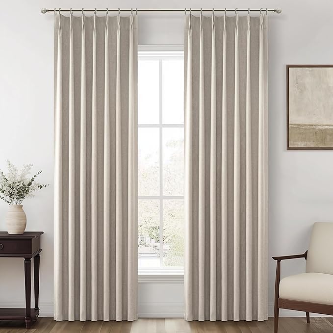 Grey Beige Linen Pinch Pleated Viral Thick Curtains Blackout & Drapes 84 Inch by QJMYDECO