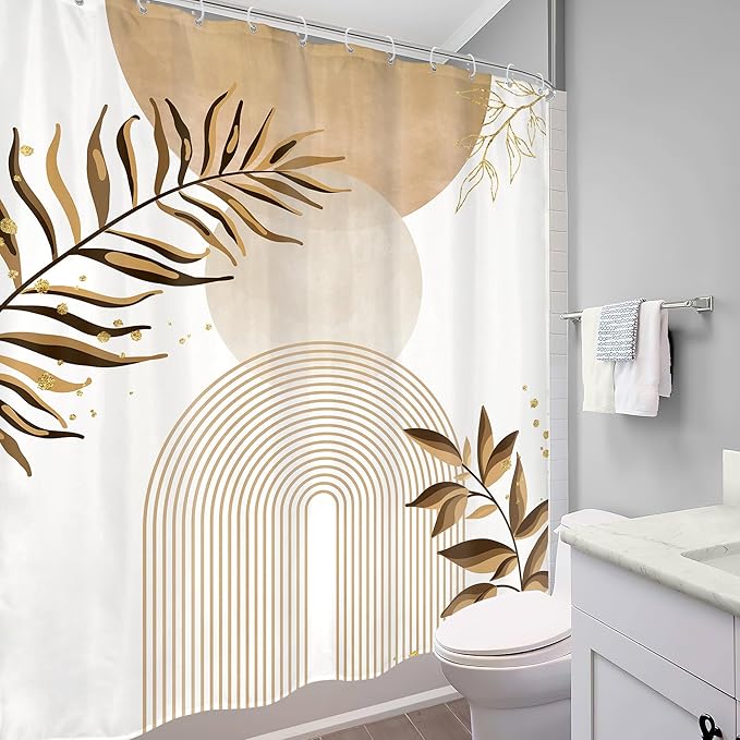 Beige Boho Shower Curtain 60Wx72H Bohemian Abstract Modern Mid Century Leaves - Image 4