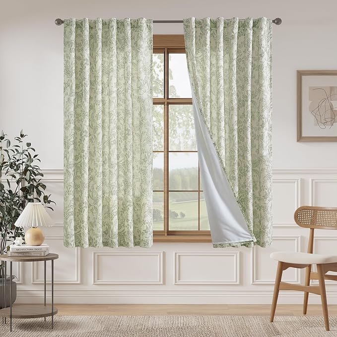 Vangao Lined Linen Curtains for Bedroom Floral Curtains 63 Inches Long Green - Image 2