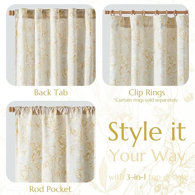 jinchan Floral Curtains 63 Inch Length Mustard Yellow Flower Linen Farmhouse - Image 5