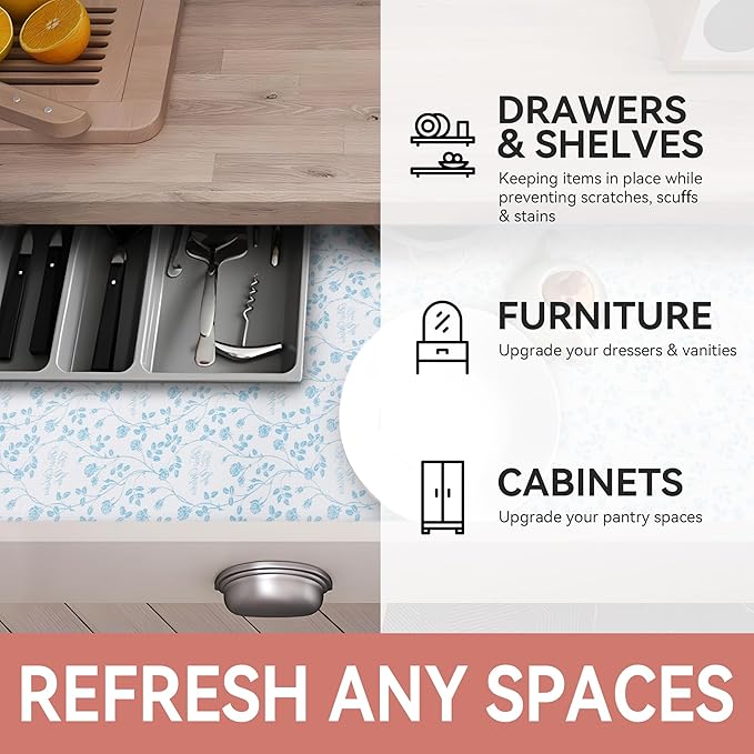 RAY STAR Shelf Liner, Non Adhesive Wisteria Blue Floral Kitchen Cabinet Liner - Image 6