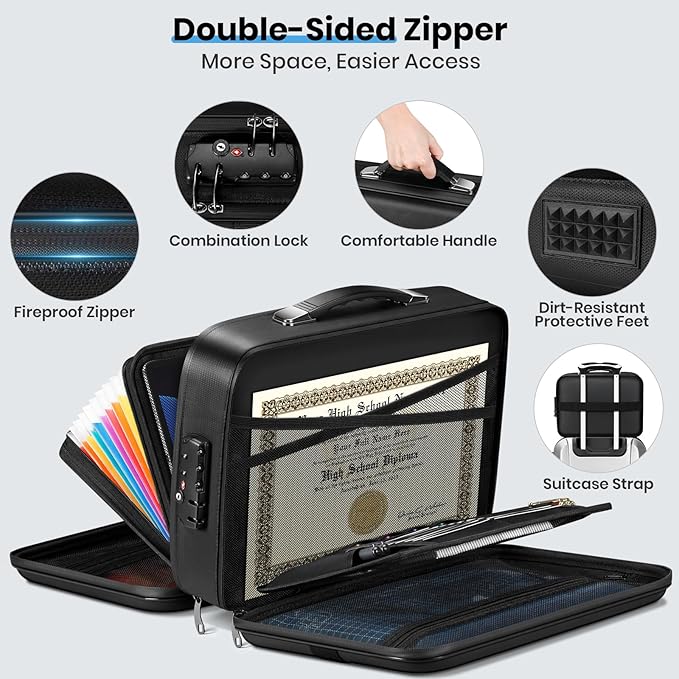 Fireproof Document Box Double-Zip, Hard-shell Waterproof Fire Proof Bag - Image 4