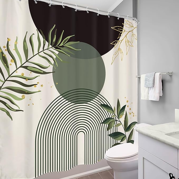 Dark Green Boho Shower Curtain 72Wx72H Black Bohemian Modern Abstract Plant - Image 4