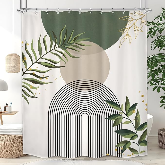 Boho Green Shower Curtain, Sage Bohemian Mid Century Modern 60Wx72H Bathroom by MitpokBrand