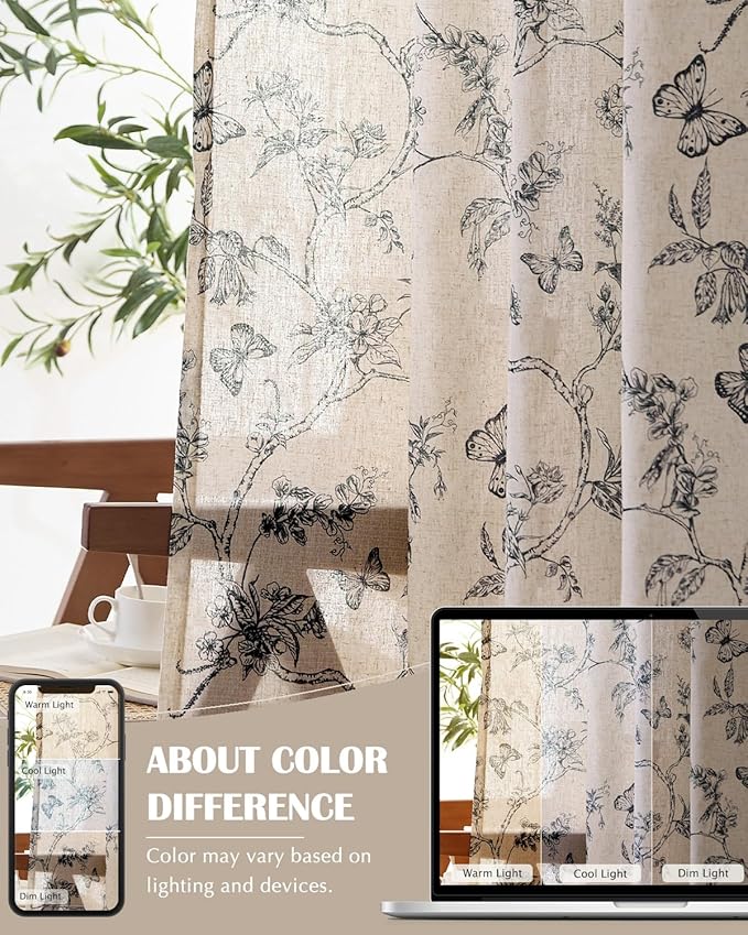 jinchan Floral Linen Curtains for Living Room 96 Inch Length Butterfly Curtain - Image 7
