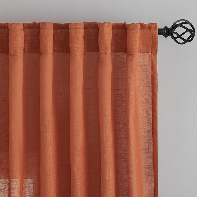 Burnt Orange Linen Back Tab Curtains 120 Inches Extra Long Ceiling to Floor - Image 7