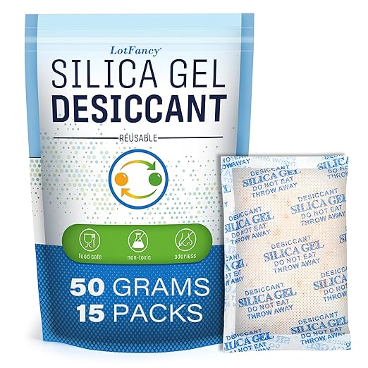 LotFancy Silica Gel Packets, 50 Gram 15 Packs Rechargeable Desiccant Packs by LotFancy