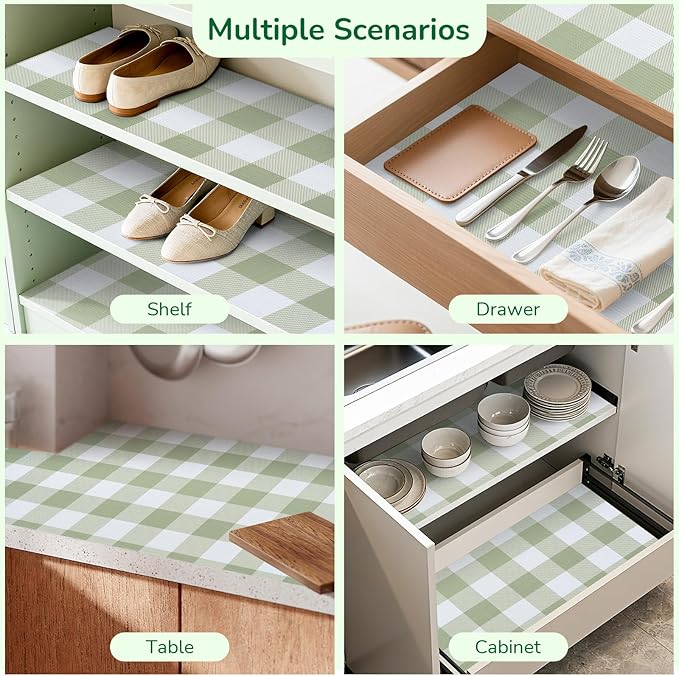 Practical Gingham Green Shelf Liner, Non-Adhesive Drawer Liner Non-Slip Cabinet - Image 5