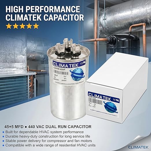 ClimaTek 45 + 5 MFD 370/440 Volt Dual Run Capacitor CAP99-4554R | 45/5 VAC | - Image 2