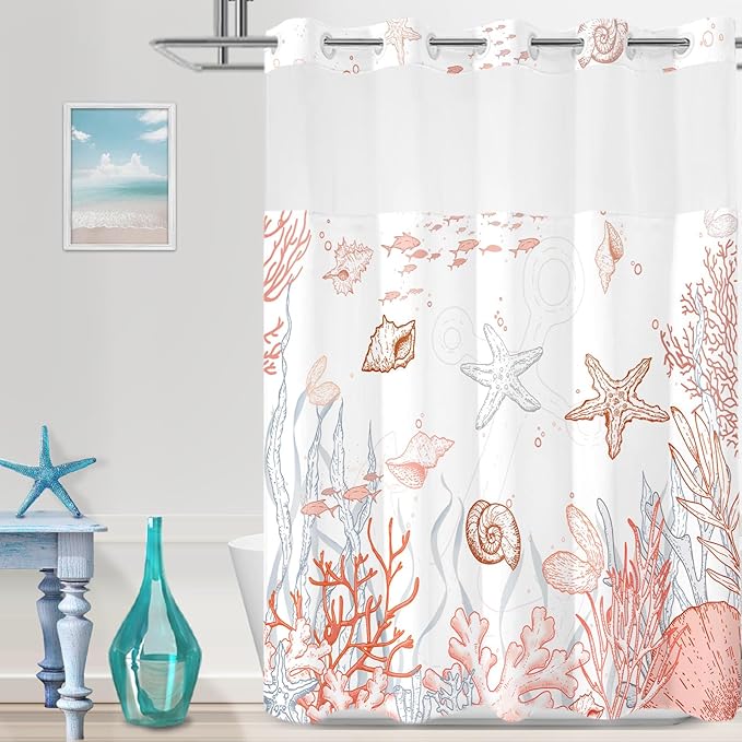 No Hook Shower Curtain with Snap in Liner, Beach Ocean Nautical Coastal Shower by TWLSNCD