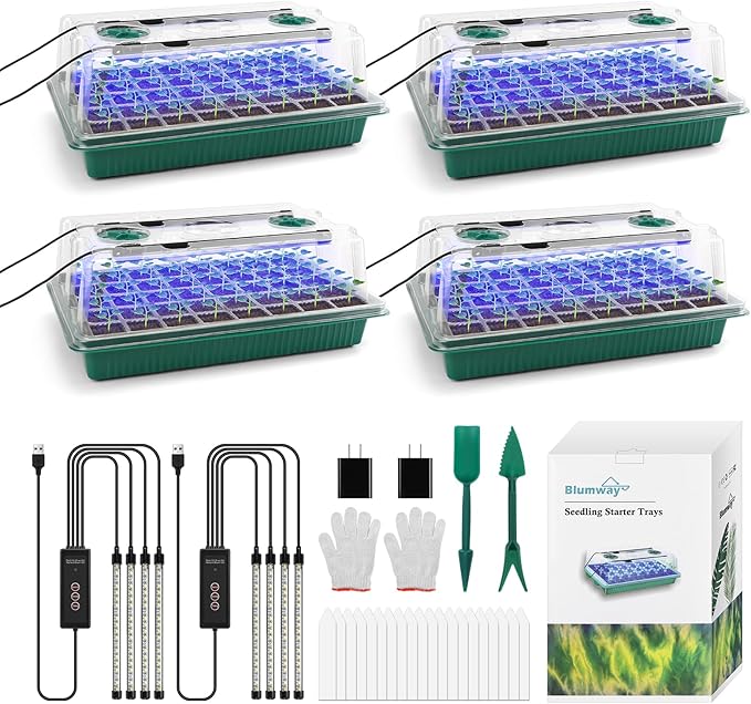BlumWay Seed Starter Tray with Grow Light, 4 Pack 160 Cells Seedling Tray with by BlumWay